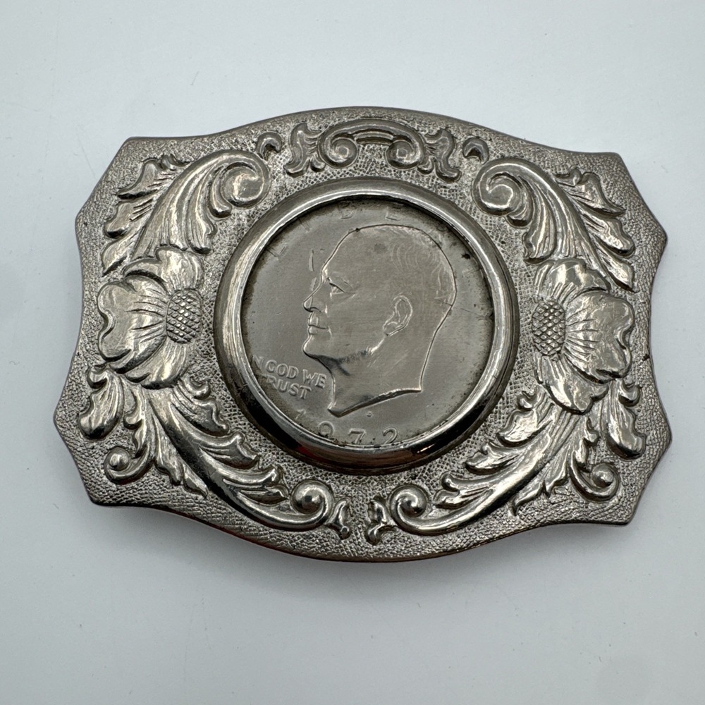 Eisenhower Dollar Coin Belt Buckle Silver Tone Western Chambers Cowboy Vtg